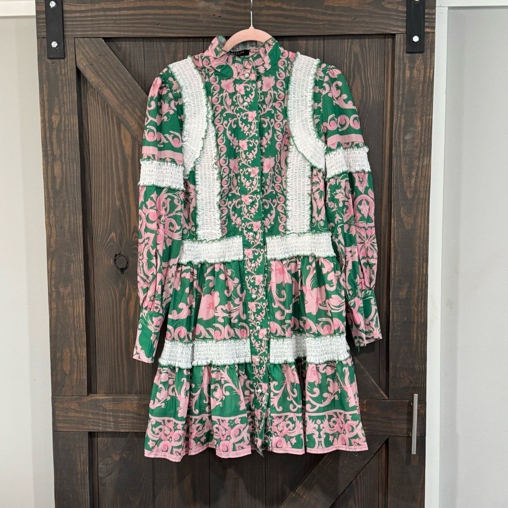 Beulah Style Women's Frilly Layered Green & Pink Dress Size Large - Picture 3 of 8